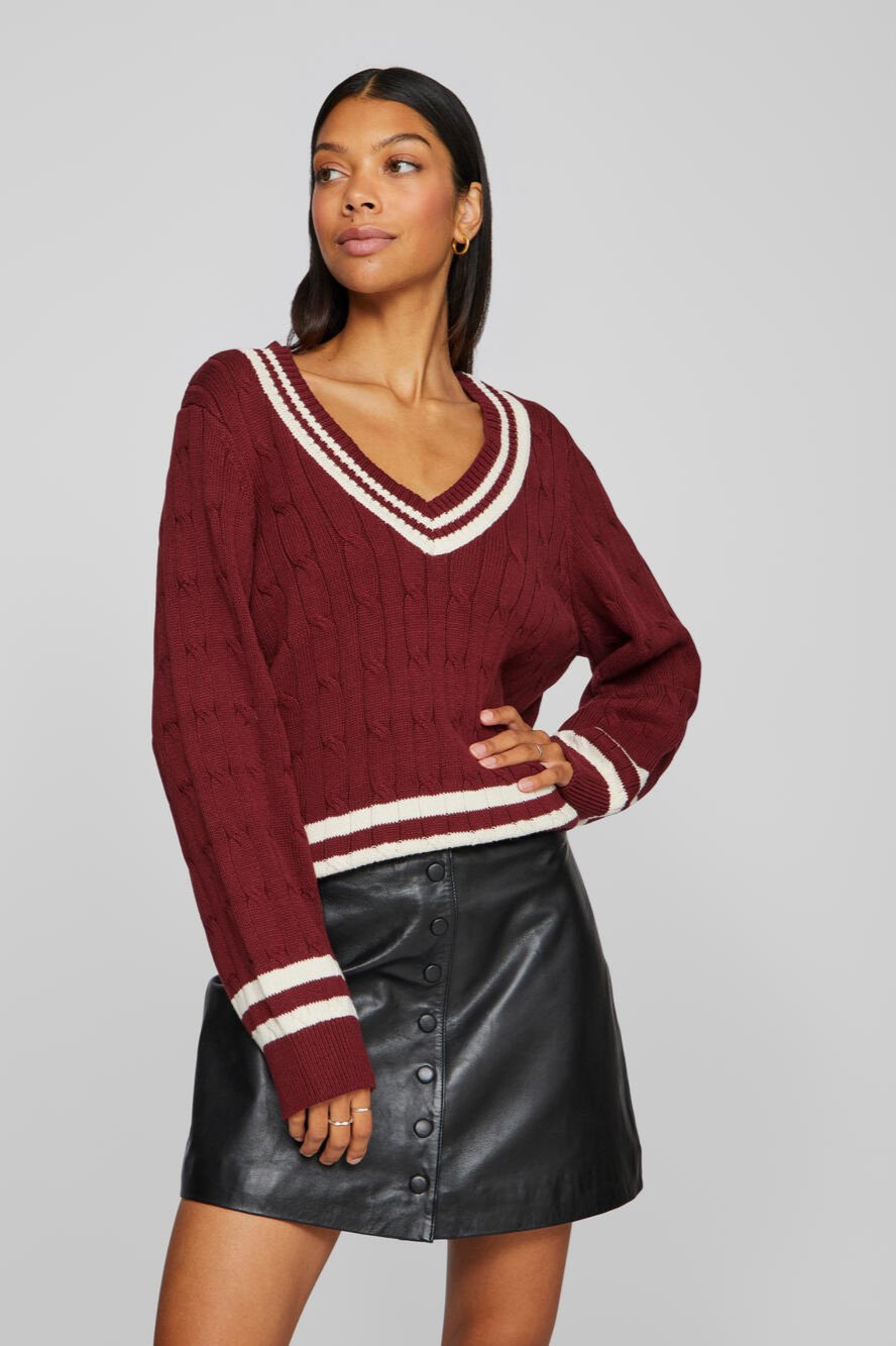 Visena L/S V-Neck striktrøje - Cabernet